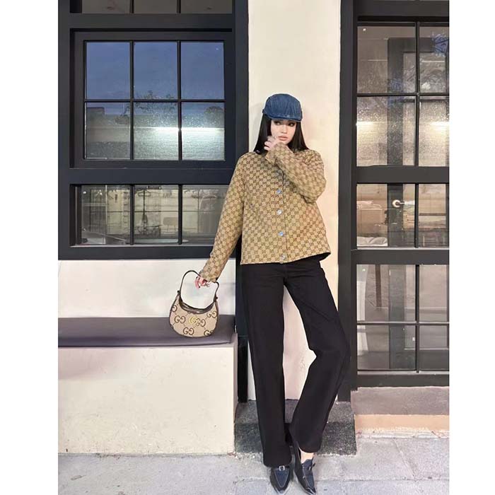 Gucci Women GG Reversible Denim Jacket Camel Ebony GG Canvas Reversible Collarless Dropped Shoulder