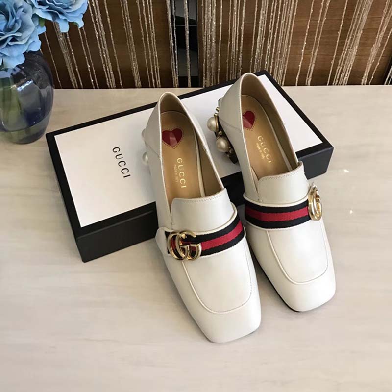 Gucci Women Leather Mid-Heel Loafer with Blue and Red Web-White