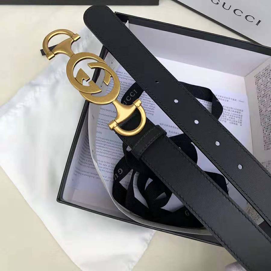 Gucci Unisex Leather Belt with Interlocking G Horsebit-Black