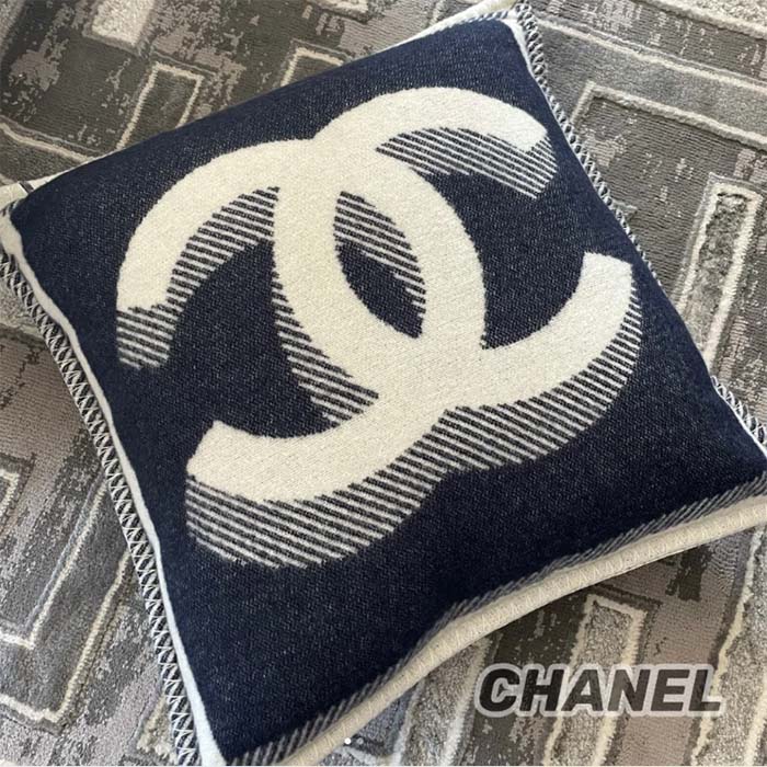Chanel Unisex CC Cushion Cotton Wool Tweed Beige Navy Multifunction