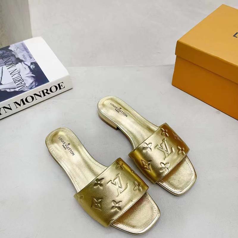 Louis Vuitton LV Women Revival Flat Mule Gold Monogram Embossed Metallic Lambskin