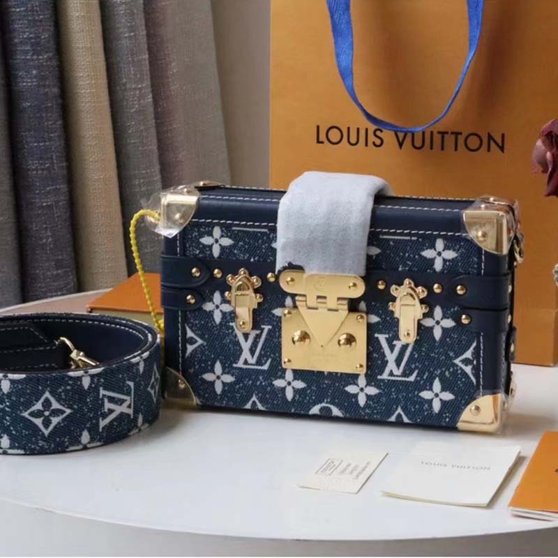 Louis Vuitton LV Unisex Petite Malle Box Handbag Blue Denim Monogram Canvas