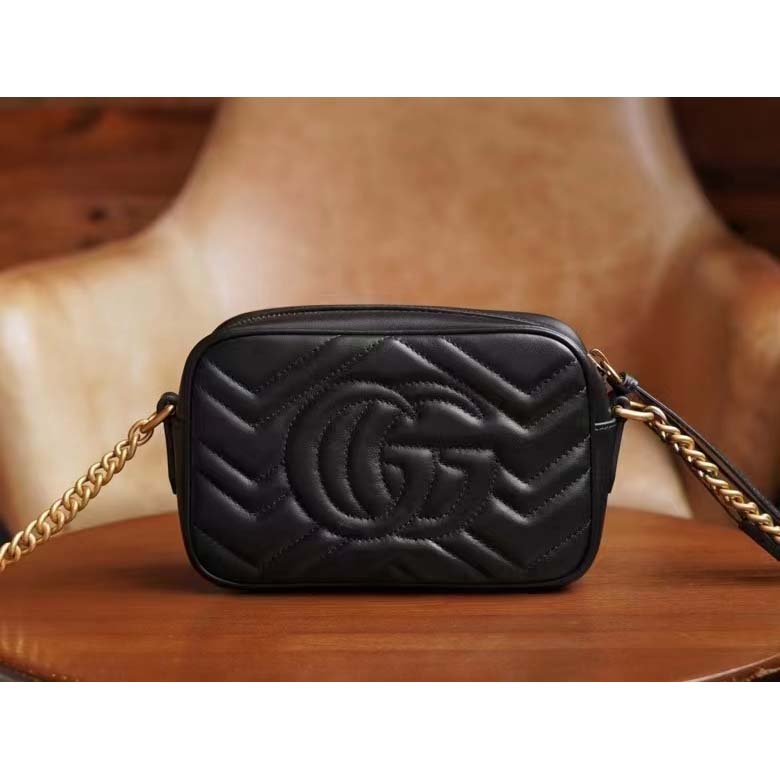 Gucci Women GG Marmont Matelassé Mini Bag Black Matelassé Chevron Leather Double G
