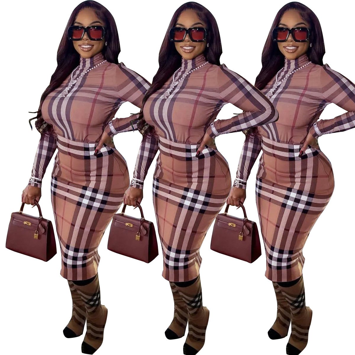 New Tight Fitting Long Sleeved High Neck Zippered Dress 1024010907