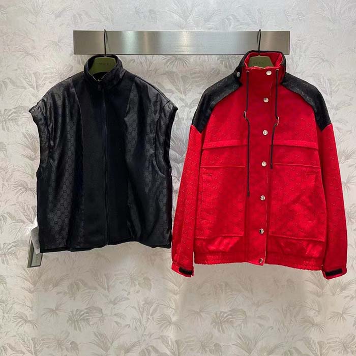 Gucci Men GG Canvas Bomber Jacket High Neck Drawstring Detachable Hood Gilet Dropped Shoulder