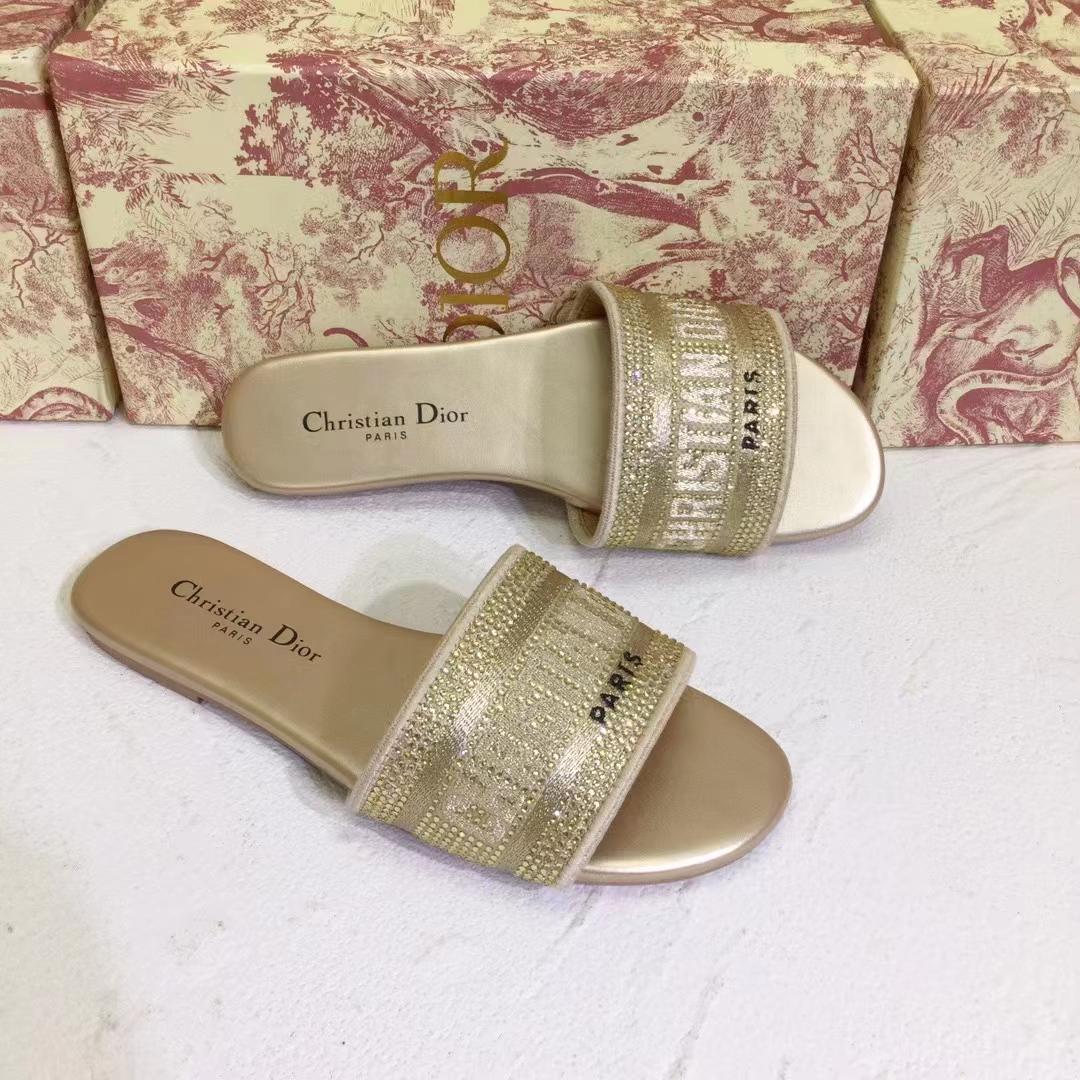 Dior Women CD Shoes Dway Slide Gold Tone Cotton Embroidered Metallic Thread Strass