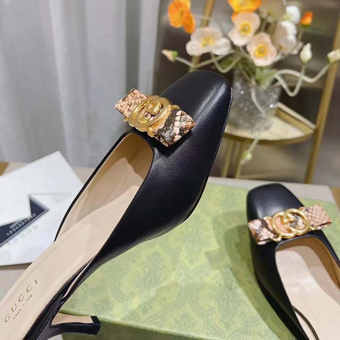 Gucci Women GG Interlocking G Mule Black Leather Square Toe Leather Mid-Heel