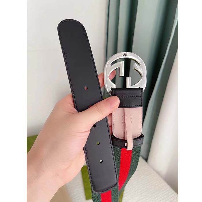Gucci Unisex GG Web Belt Interlocking G Buckle Green Red Web Black Leather 3.8 CM Width