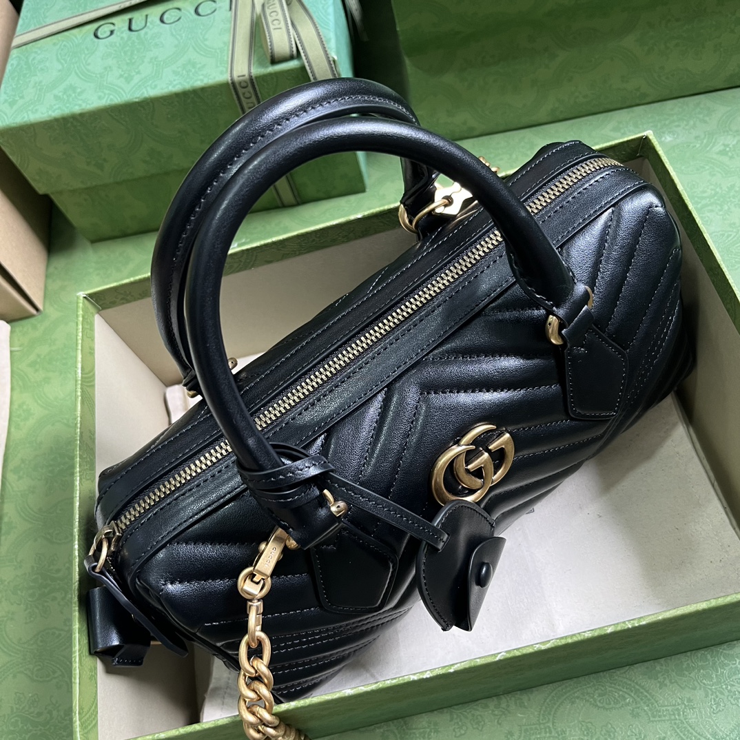 Gucci Women GG Marmont Small Top Handle Bag Black Matelassé Chevron Leather