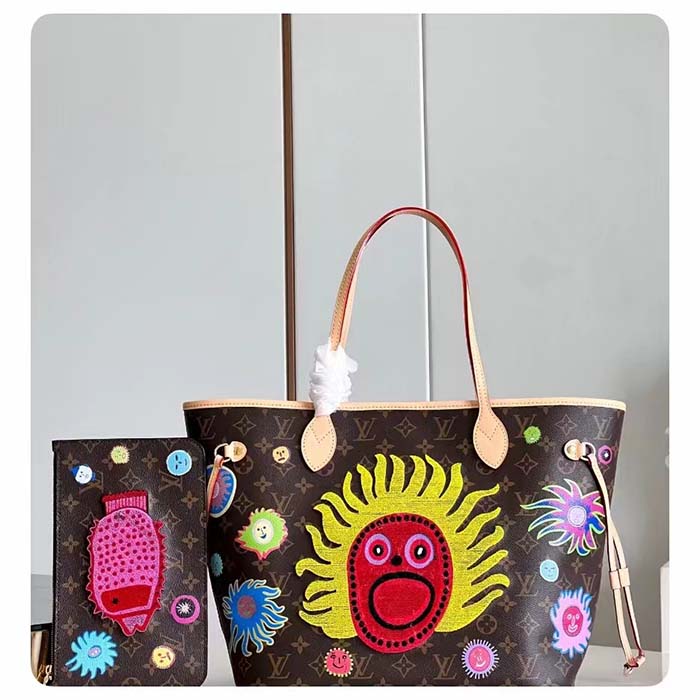 Louis Vuitton LV Unisex LV x YK Neverfull MM Monogram Coated Canvas Faces Print Embroidery