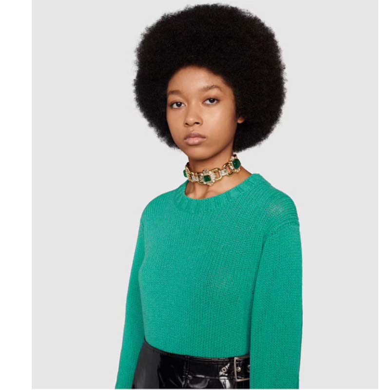 Gucci GG Women Detachable Feathers Wool Sweater Double G Embroidery Crewneck