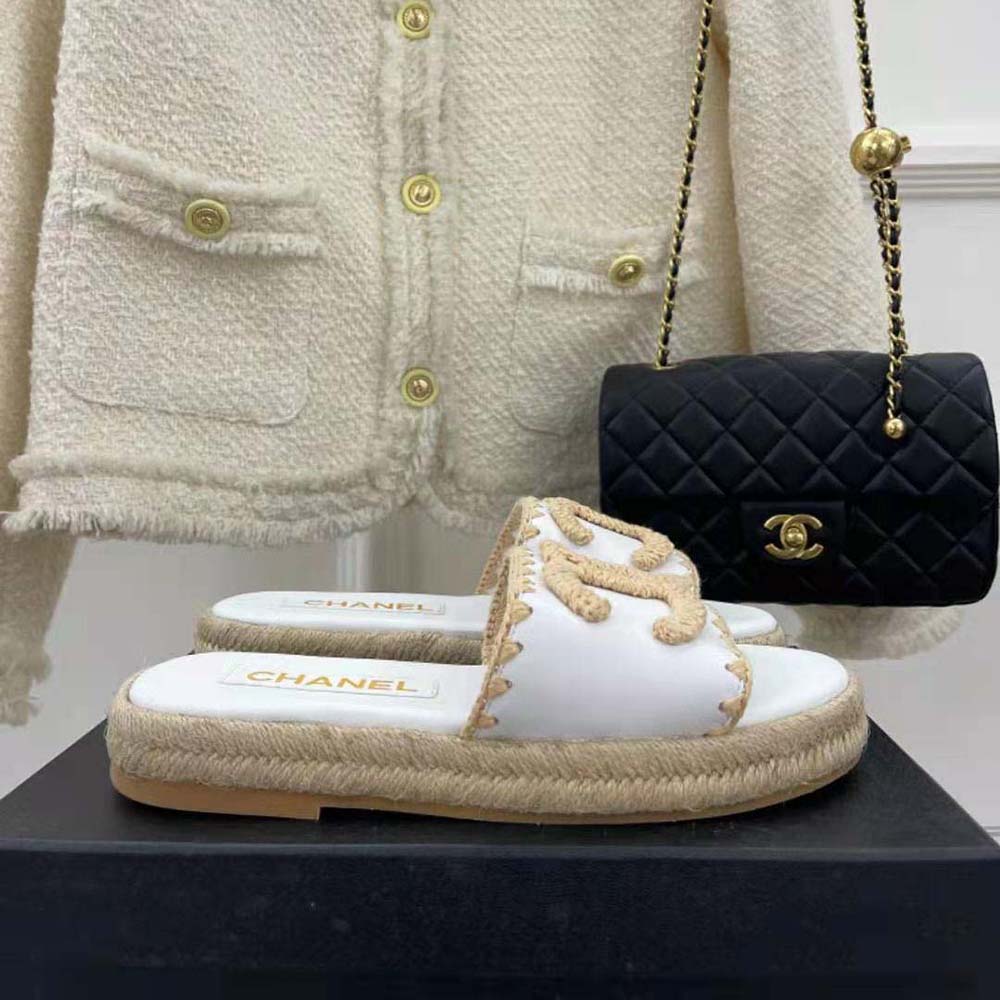Chanel Women Mules Lambskin Beige & White