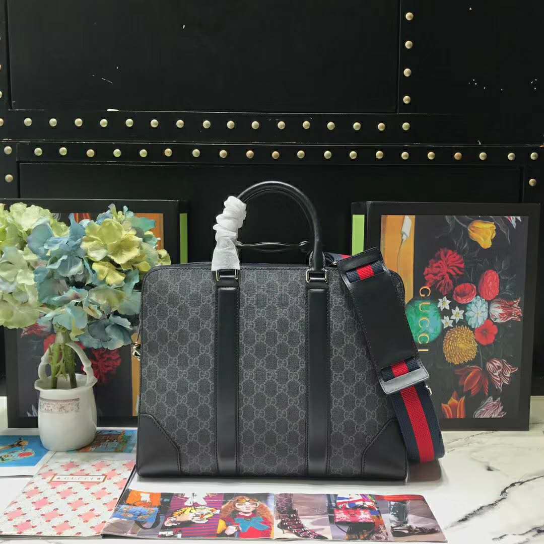 Gucci Unisex GG Black Briefcase Black/Grey GG Supreme Canvas