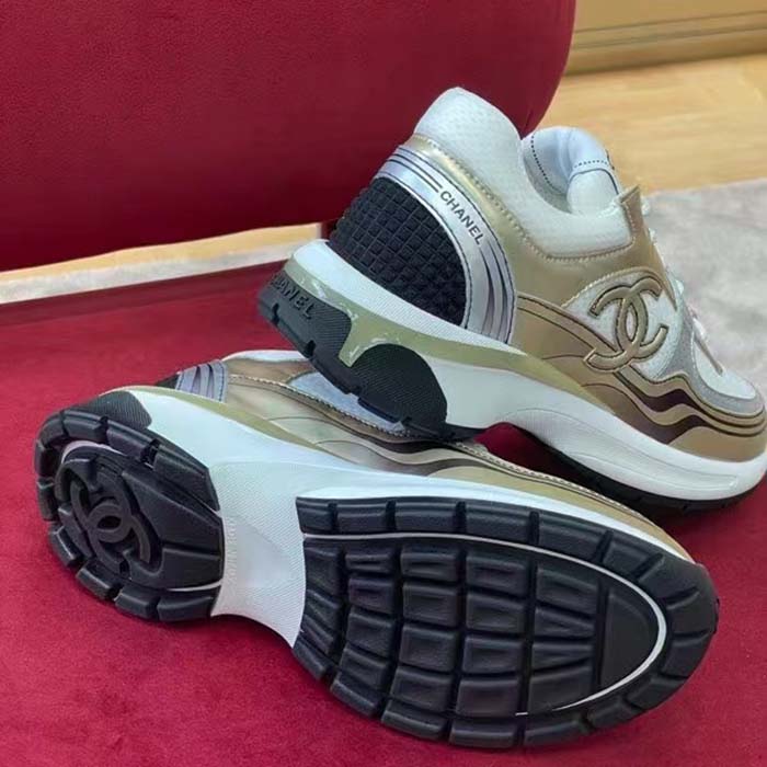Chanel Women CC Sneakers Fabric Laminated White Gold Silver 1 Cm Heel