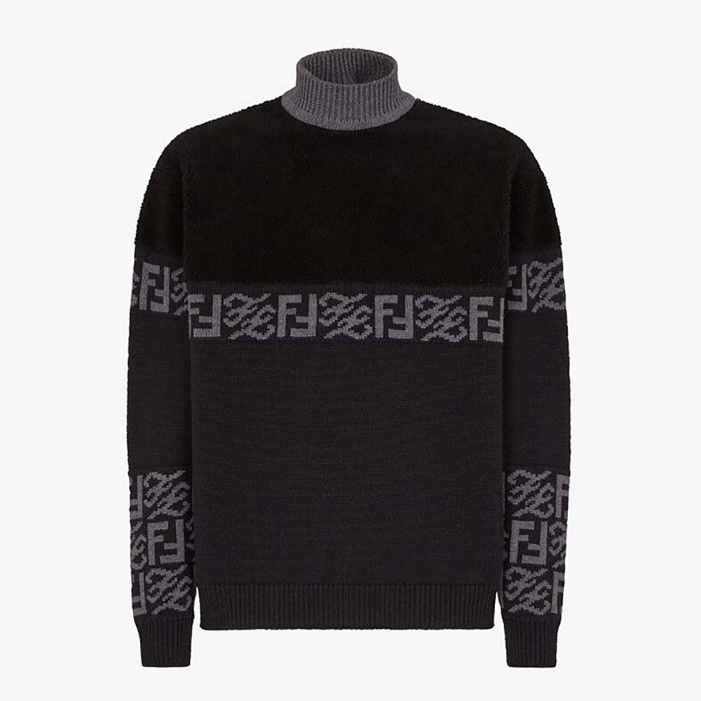 Fendi Men Black Wool Sweater with High Collar and Long Sleeves