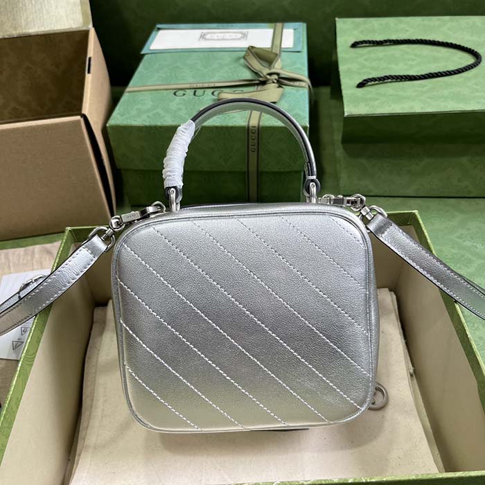 Gucci Women GG Blondie Top Handle Bag Metallic Silver Leather Round Interlocking G