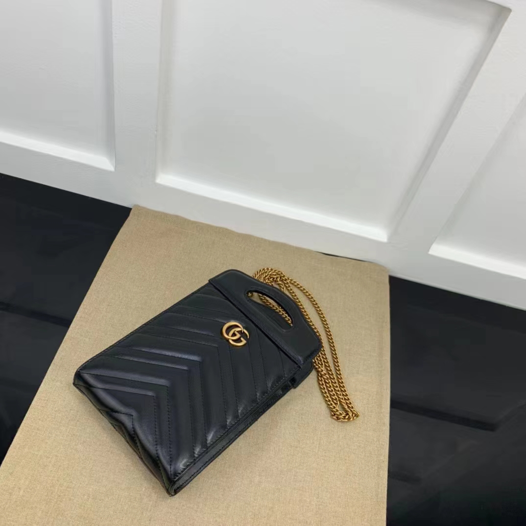 Gucci Women GG Marmont Top Handle Mini Bag Black Matelassé Chevron Leather