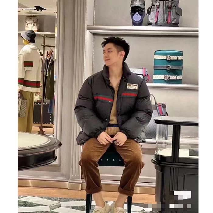 Gucci Men GG Water Repellant Down Jacket Black Water Nylon Satin Zip Front Zip Pockets