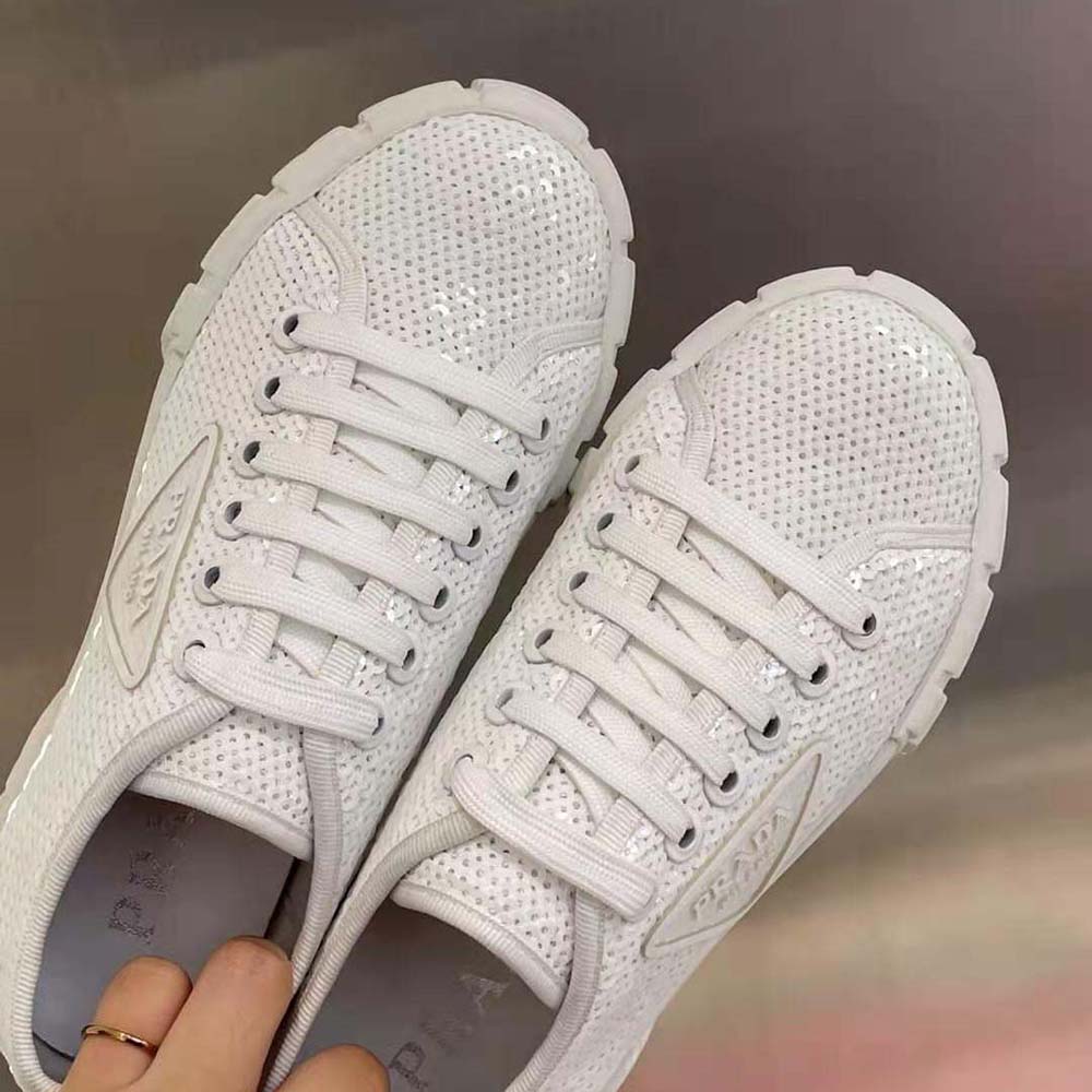Prada Women Double Wheel Sequin Sneakers-White