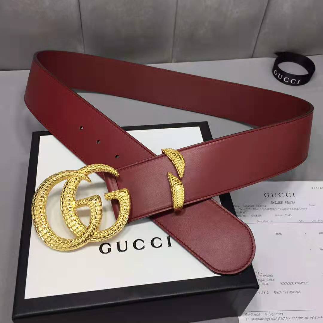 Gucci Unisex Leather Belt with Double G Buckle in Burgundy Leather