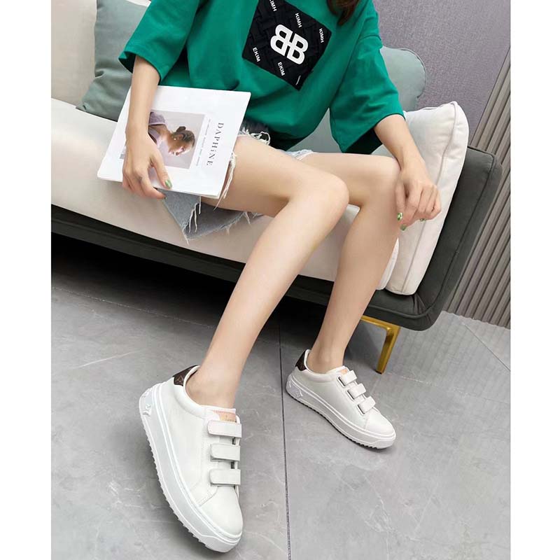 Louis Vuitton LV Unisex Time Out Sneaker White Calf Leather Monogram Canvas