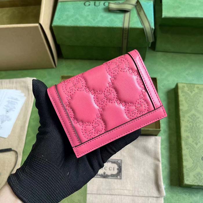 Gucci Unisex GG Marmont Card Case Wallet Pink GG Matelassé Leather Double G