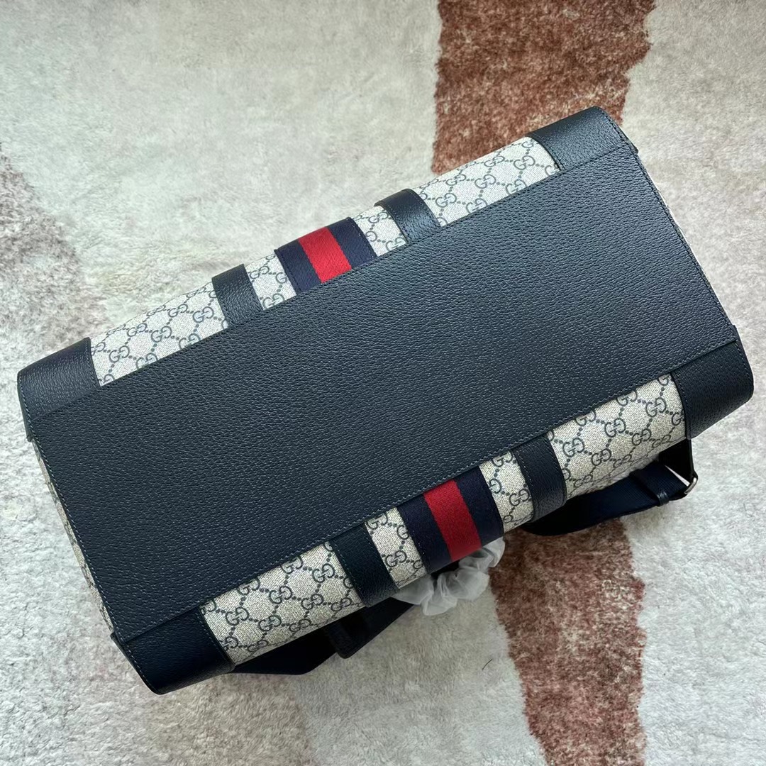 Gucci Unisex Savoy Small Duffle Bag Beige Blue GG Supreme Canvas Blue Leather