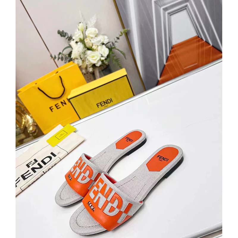 Fendi Women FF Signature Canvas Brown Leather Slides 1 Cm Heel