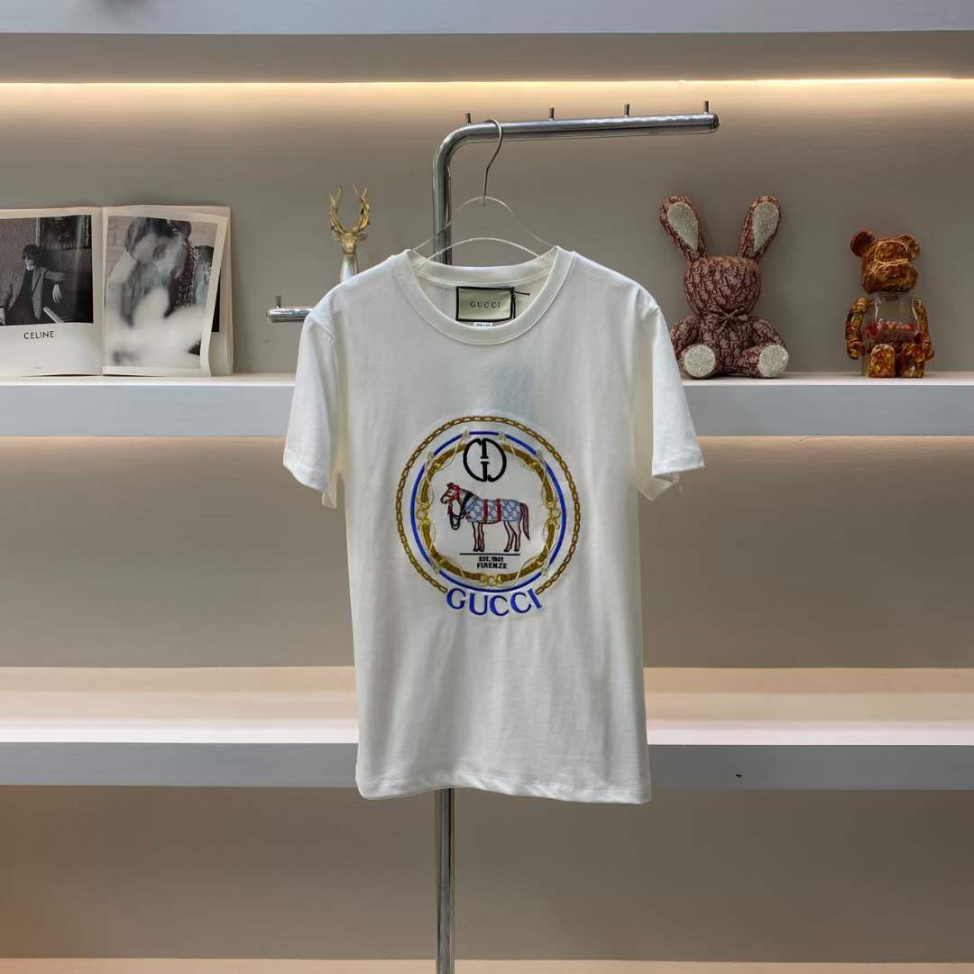 Gucci Women GG Cotton Jersey T-Shirt Interlocking G Crystal Crewneck