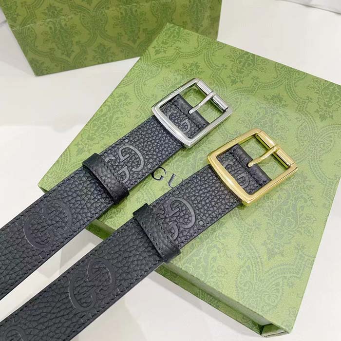 Gucci Unisex GG Rubber-Effect Leather Black Square Buckle 3.3 CM Width