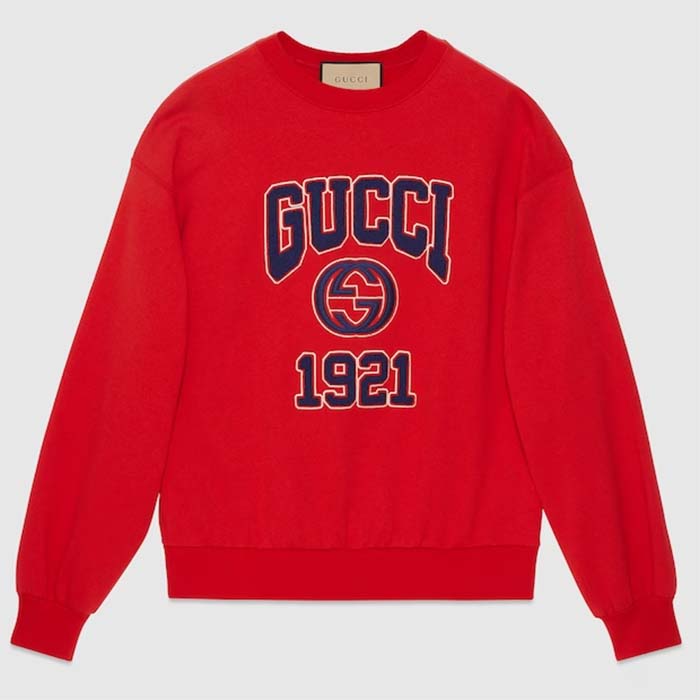 Gucci Women GG Cotton Jersey Sweatshirt 1921 Embroidery Red Crewneck Dropped Shoulder Style ‎768530 XJF3O 6429