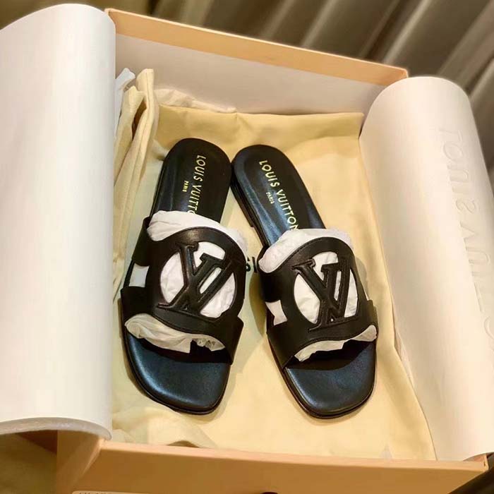 Louis Vuitton LV Unisex Isola Flat Mule Black Calf Leather Circle Signature