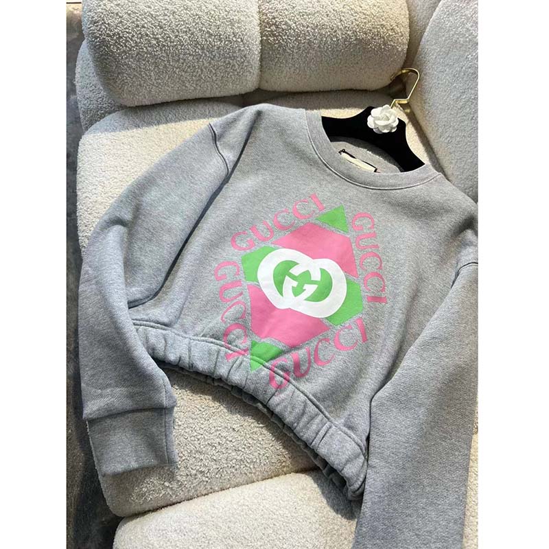 Gucci GG Women Cotton Jersey Sweatshirt Grey Heavy Felted Cotton Crewneck Long Sleeves