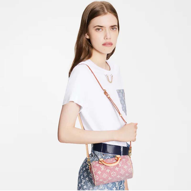 Louis Vuitton LV Women Nano Speedy Monogram Jacquard Denim Pink Cowhide Leather