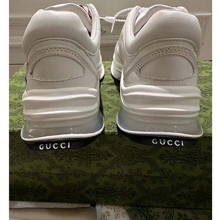 Gucci Unisex GG Run Sneaker White Leather Blue Mid Heel Red Interlocking G 6 Cm Heel