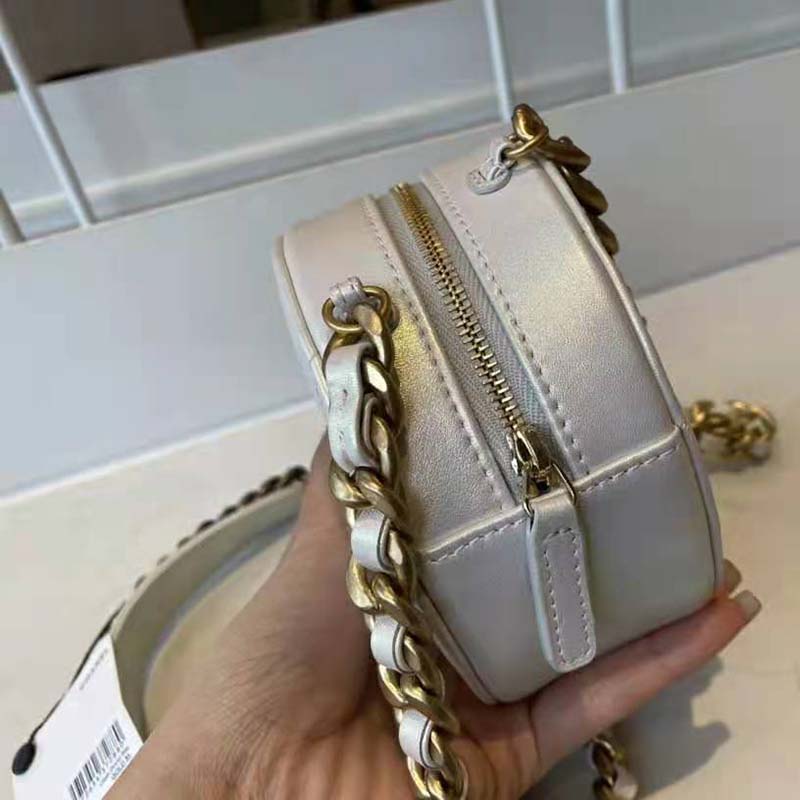 Chanel Women Chanel 19 Clutch with Chain Lambskin Gold Silver-Tone Ruthenium White