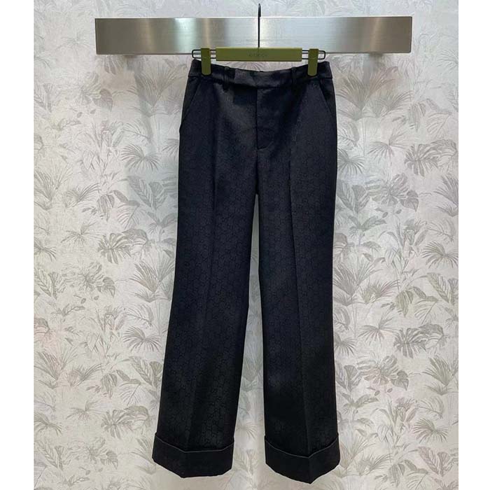 Gucci Women GG Wool Jacquard Pant Black Fitted Waistband Four Pleats Wide Leg