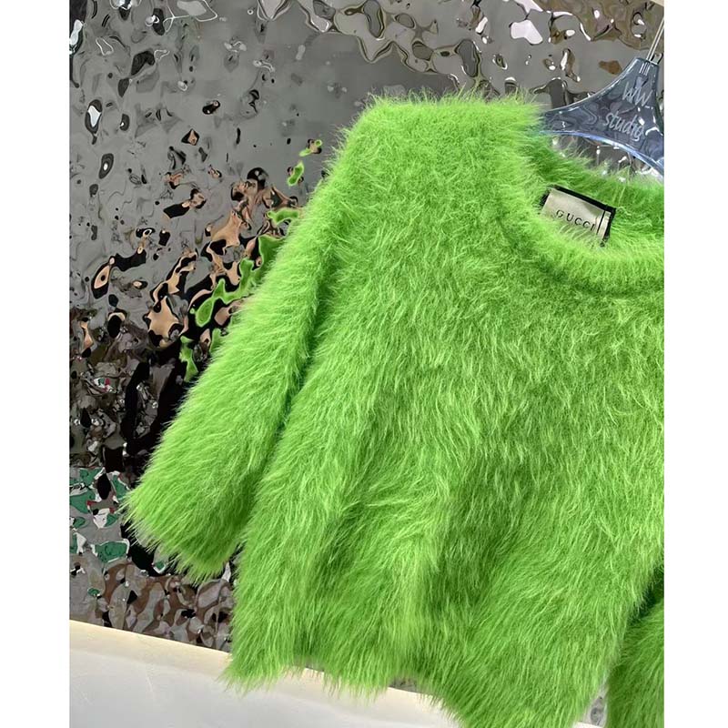Gucci Women GG Brushed Wool Knit Sweater Bright Green Long Sleeves Crewneck
