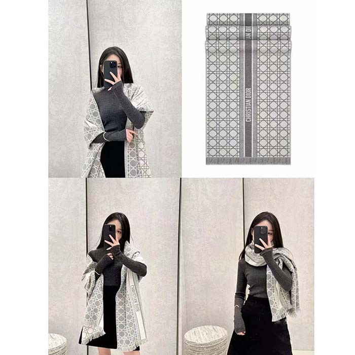 Dior Unisex CD Cannage Scarf Gray Ecru Cashmere Virgin Wool