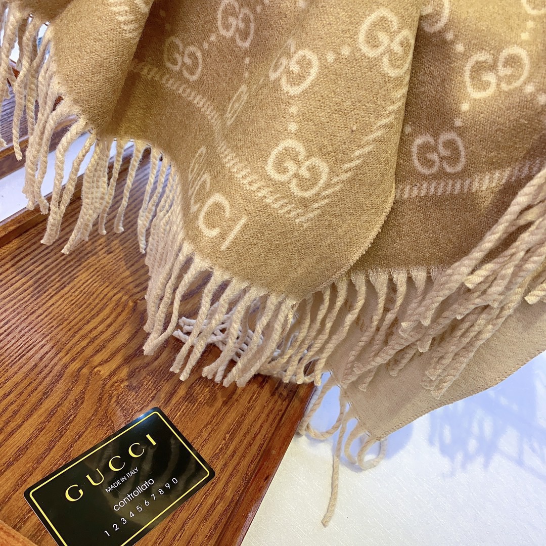 Gucci Unisex GG Jacquard Knitted Scarf Light Brown Fringe Edges