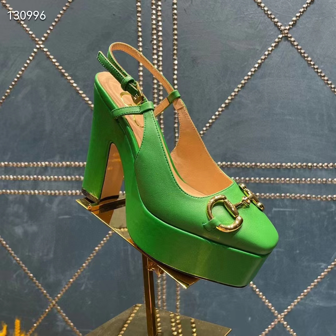 Gucci Women GG High Heel Pump Horsebit Green Leather Sole 12 Cm Heel