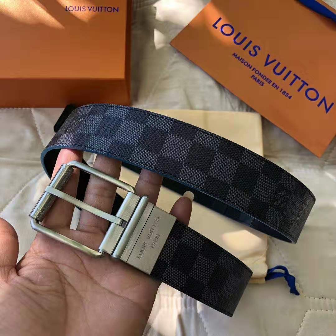 Louis Vuitton LV Unisex Damier Print 40mm Reversible Belt in Damier Canvas-Blue
