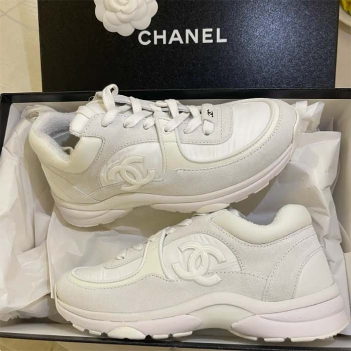 Chanel Women CC Low Top Sneakers Calfskin Suede Leather Triple White