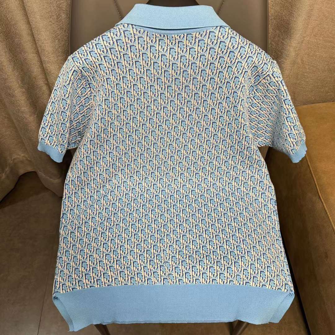 Dior CD Women Oblique Polo Shirt White Blue Cotton Jacquard