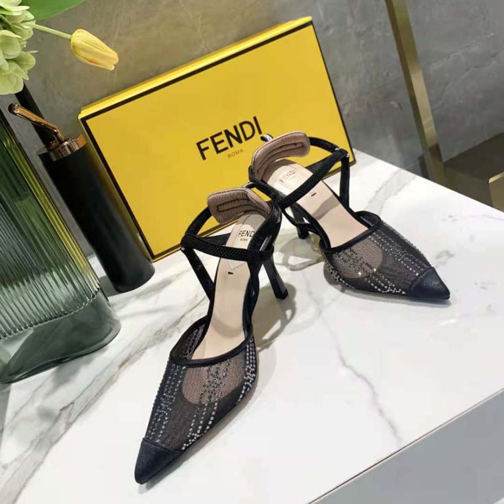 Fendi Women Colibri Black Mesh High-Heeled Slingbacks with Rhinestone Embroidery