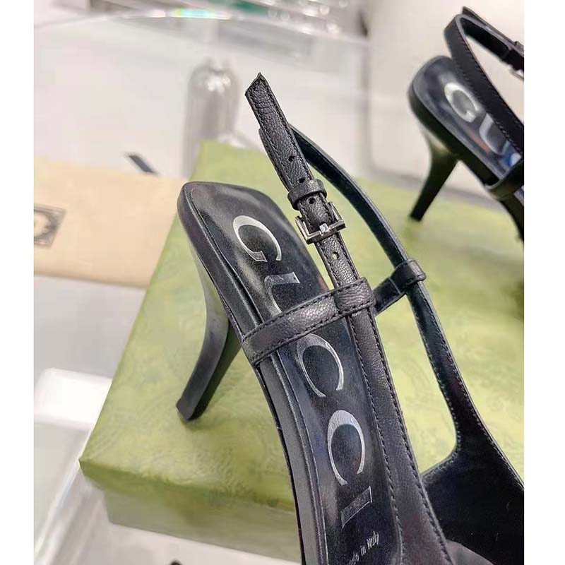 Gucci Women GG Slingback Pump Black Leather Back Ankle Buckle 8 cm Heel