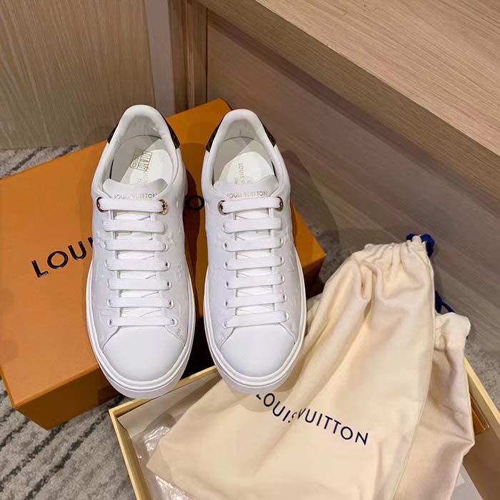 Louis Vuitton Women LV Time Out Sneaker White Debossed Calf Leather Recycled Monogram Nylon