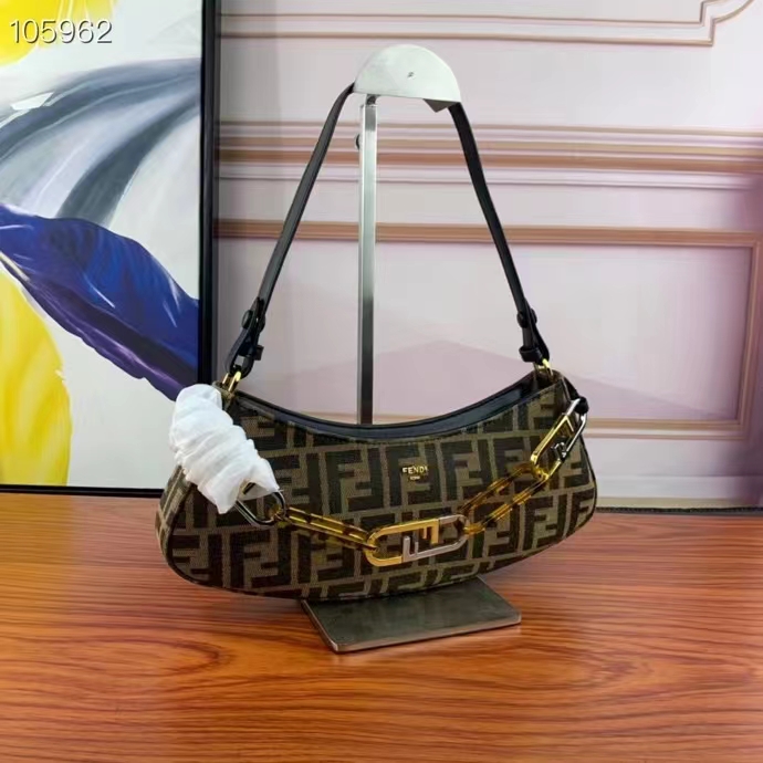 Fendi Women FF O’Lock Swing Dove Gray Tapestry Fabric Pouch