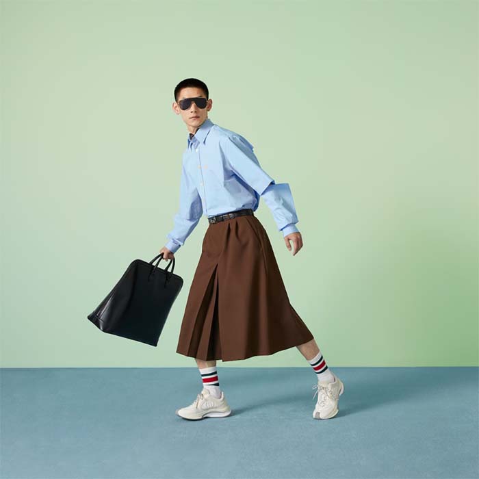 Gucci Men Cotton Poplin Embroidery Light Blue Piece Dyed Point Collar Detachable Sleeves