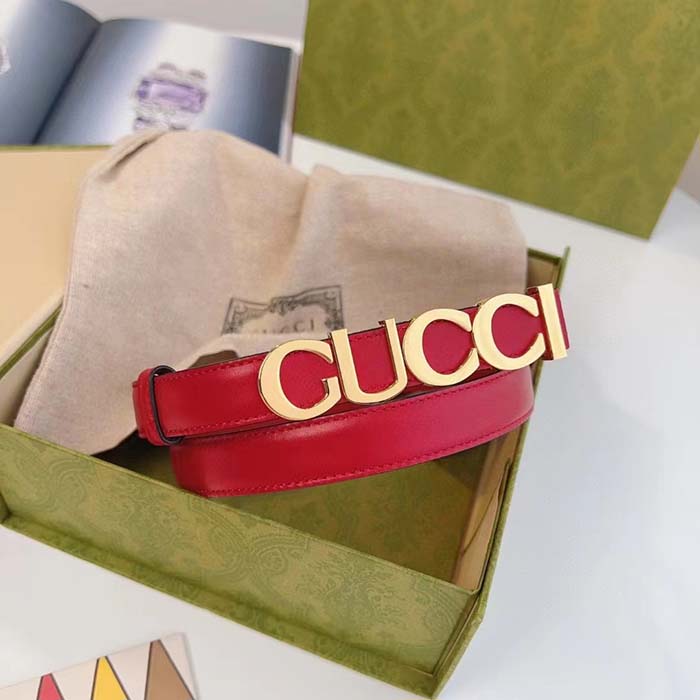 Gucci Unisex Buckle Thin Belt Red Leather Gold-Toned Hardware 1.5 CM Width